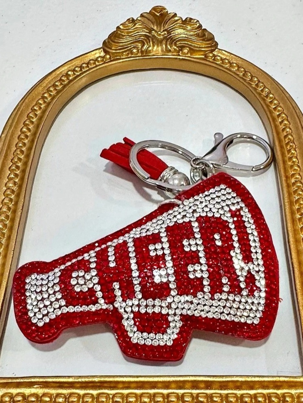 New Red & Silver Rhinestone Cheer Megaphone Keychain - Picture 5 of 5